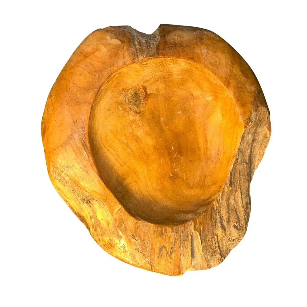 Rustic Teak Wooden‎ Bowl Live Edge Hand Carved Natural Wood Decorative Accent